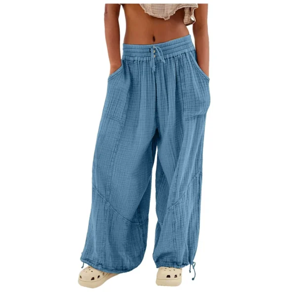 Beach Linen Pants Women Wide Leg Harem Pant High Waist Button Drawstring Palazzo Loose plus Size Pant with Pocket - Image 9