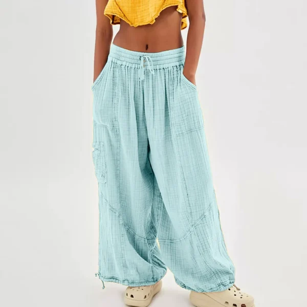 Beach Linen Pants Women Wide Leg Harem Pant High Waist Button Drawstring Palazzo Loose plus Size Pant with Pocket - Image 2