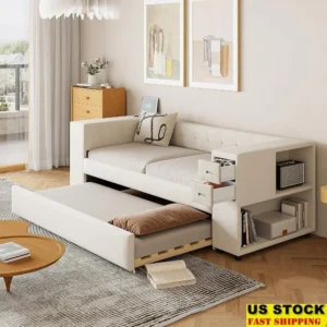 Velvet Upholstered Daybed with Twin Trundle USB Charging Port Storage Drawers Modern Guest Room Furniture Twin Size Frame