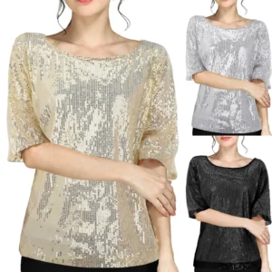 Fashion Women Half Sleeve T-Shirt Glistening Sequin 2025 Spring Autumn Round Neck Loose Shining T Shirt Female Tops T-Shirt