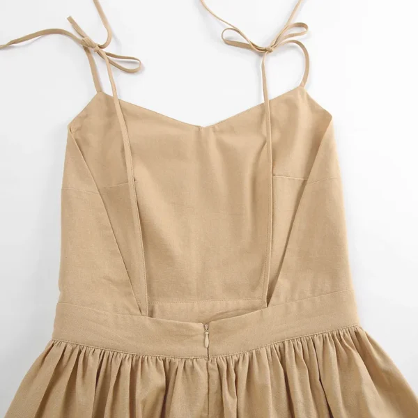 DSMTRC Women 2024 Elegant Lace-Up Pockets A-Line Dresses Summer Sexy Backless Party Pleated Dress Fashion Brown Linen Long Dress - Image 10