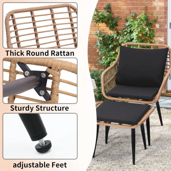 5 Piece Wicker Bistro Patio Conversation Furniture Set, Includes 2 Chairs, 2 Ottomans, and Side Table, Ideal for Porch, Balcony, - Image 3