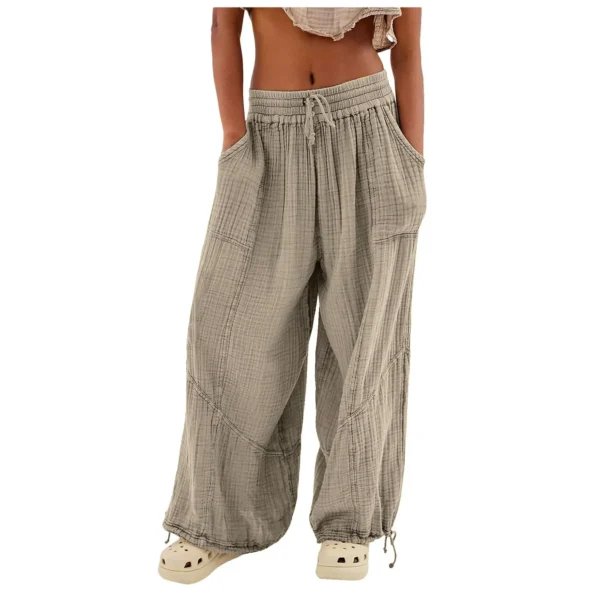Beach Linen Pants Women Wide Leg Harem Pant High Waist Button Drawstring Palazzo Loose plus Size Pant with Pocket - Image 12