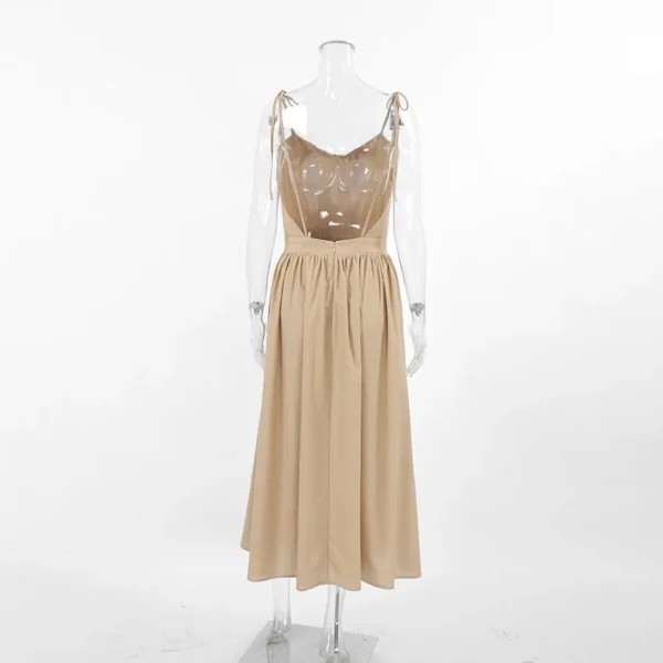 DSMTRC Women 2024 Elegant Lace-Up Pockets A-Line Dresses Summer Sexy Backless Party Pleated Dress Fashion Brown Linen Long Dress - Image 9