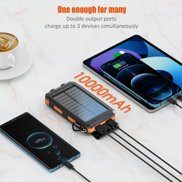 10000mAh Solar Charging Power Bank,Dual USB & Type C Output Port Multicharger Power Bank with Flashlight and Compass - Image 6