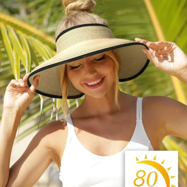 Sun Visors for Women Wide Brim Beach Hat Foldable Straw Visor Hat Ponytail Summer Packable - Image 6