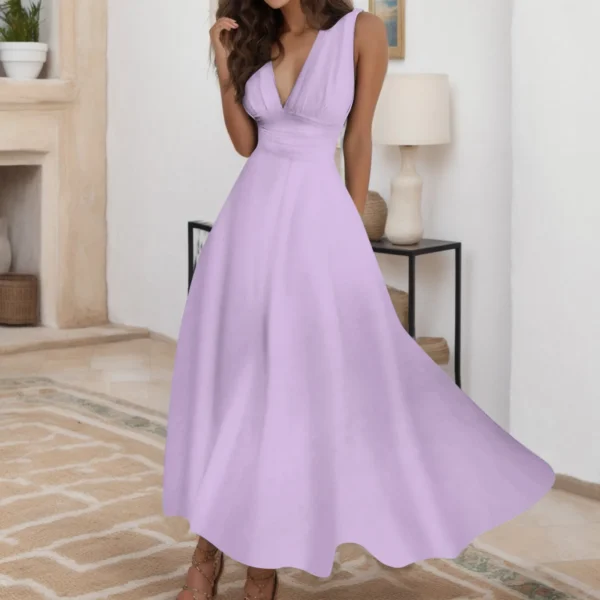 Women'S Fashion Casual Dresses Spring And Summer Solid Color Sleeveless V Neck Side Zipper Style Long Dress Elegant Sundress - Image 2