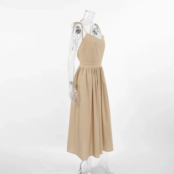DSMTRC Women 2024 Elegant Lace-Up Pockets A-Line Dresses Summer Sexy Backless Party Pleated Dress Fashion Brown Linen Long Dress - Image 8