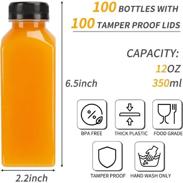 100pcs Juice Bottles, 12oz Plastic Bottles with Caps, Reusable Juice Bottle with Caps Clear Bulk Beverage Containers with - Image 2