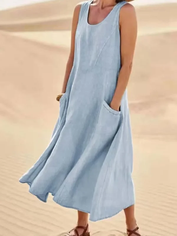 Women Coton Linen Sundress Summer Female Sleeveless Double Big Pocket Loose Sand Beachwear Long Dress Oversized S-5XL LRFZ-818 - Image 5