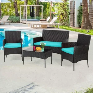 4-Piece Outdoor Wicker Patio Conversation Furniture Set for Backyard W/Coffee Table, Seat Cushions, Patio Furniture Set