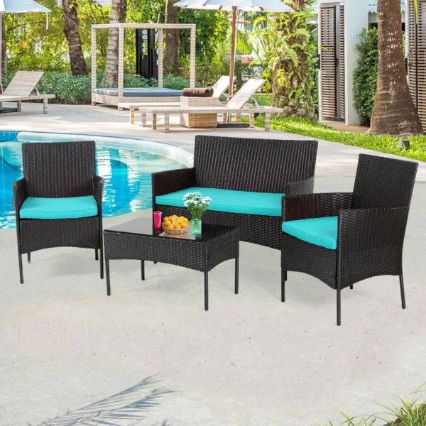 4-Piece Outdoor Wicker Patio Conversation Furniture Set for Backyard W/Coffee Table, Seat Cushions, Patio Furniture Set