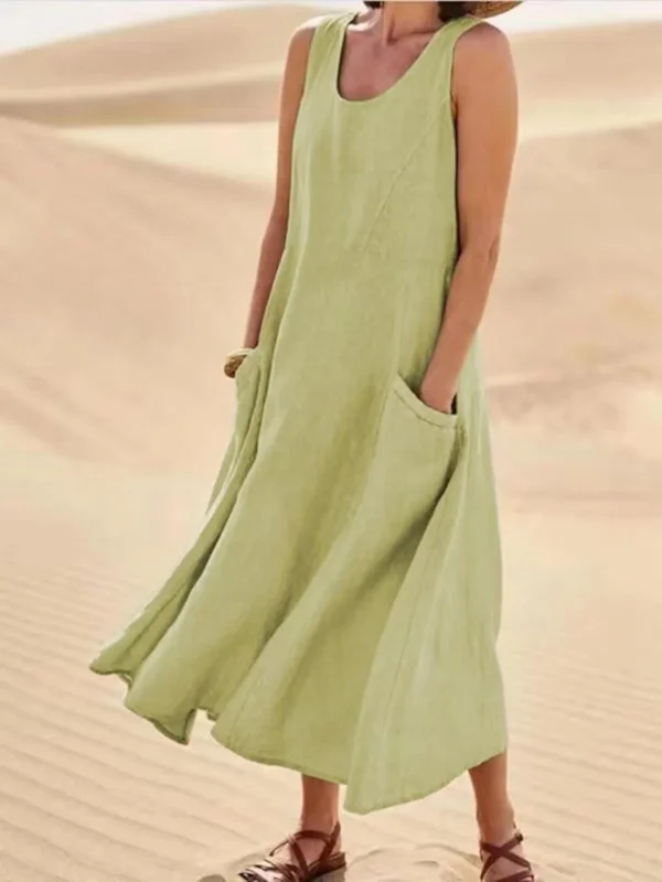 Women Coton Linen Sundress Summer Female Sleeveless Double Big Pocket Loose Sand Beachwear Long Dress Oversized S-5XL LRFZ-818 - Image 14