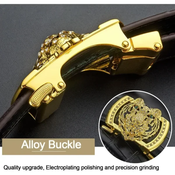 men's belt Gold Tiger Head automatic buckle alloy, leather men's belt, slide for easier adjustment belt, cut to fit - Image 4