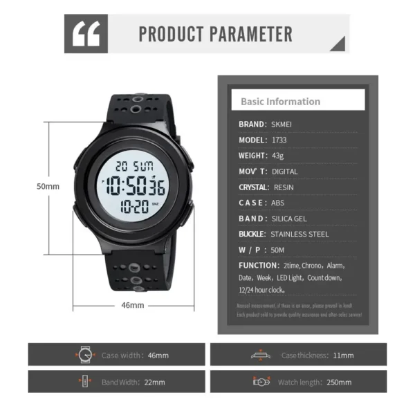 Skmei Men Electronic Sport Watches Japan Digital Movement Countdown Clock 5bar Waterproof Calendar Alarm Male Wrist Watch - Image 6