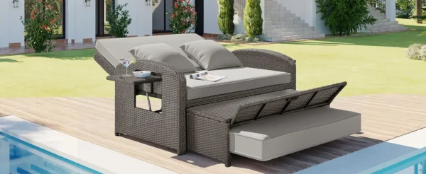 TOPMAX PE Wicker Rattan Double Chaise Lounge, 2-Person Reclining Daybed with Adjustable Back and Cushions, Free Furniture Protec - Image 2