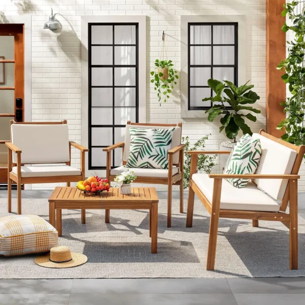 Flamaker Patio Furniture 4 Piece Outdoor Acacia Wood Patio Conversation Sofa Set with Table & Cushions Porch Furniture for Deck, - Image 2