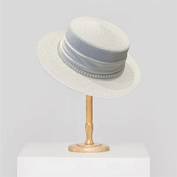 Elegant Women s Wide Brim Straw Hat with Pearl Embellishments for Stylish UV Protection at the Beach or on Holiday - Image 3
