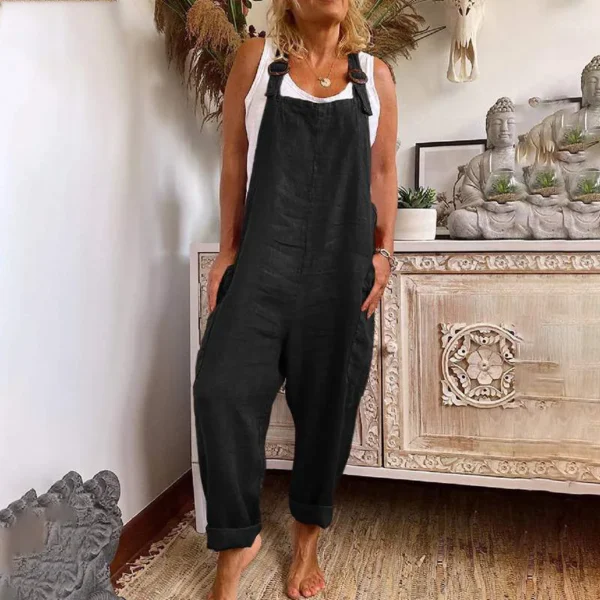 Women Cotton Linen Pocket Jumpsuits Summer Female Sleeveless Wide Leg Loose Overalls JYFS-3255 - Image 3