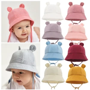 Baby Cotton Sun Hat New Children Outdoor Rabbit Ear Beach Caps Boy Girl Print Panama Hat Unisex Beach Bucket Hat For 3-12 Months