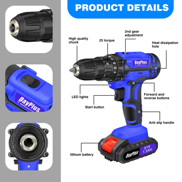 BRIEFNESS 21V Cordless Drill & Electric Screwdriver 45Nm, 2-Speed, LED Light, 26PCS Kit with Li-Ion Battery for Home DIY Blue - Image 2