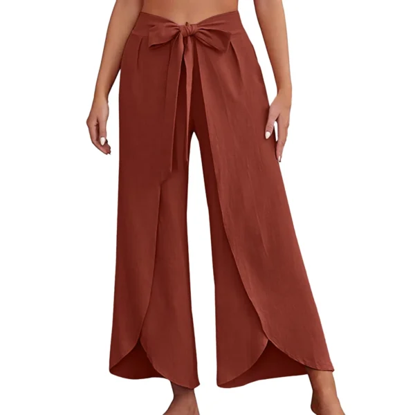 Bohemian Women Flowy Wide Leg Pants Casual Summer Beach Pants Lace-Up Fashion Solid Color Baggy Trousers Pantalones De Mujer - Image 3