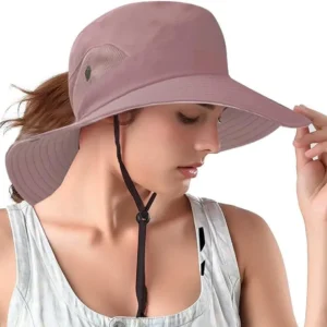 Ponytail Sun Bucket Hats for Women UV Protection Foldable Mesh Wide Brim Hiking Beach Fishing Summer Safari