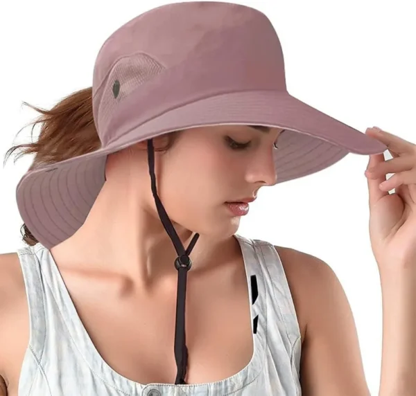 Ponytail Sun Bucket Hats for Women UV Protection Foldable Mesh Wide Brim Hiking Beach Fishing Summer Safari
