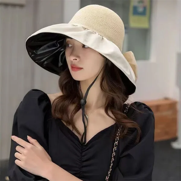 Women s Wide Brim Sun Hat with Bowknot Ribbon Lightweight Foldable UV Protection Bucket Hat for Outdoor Activities - Image 4