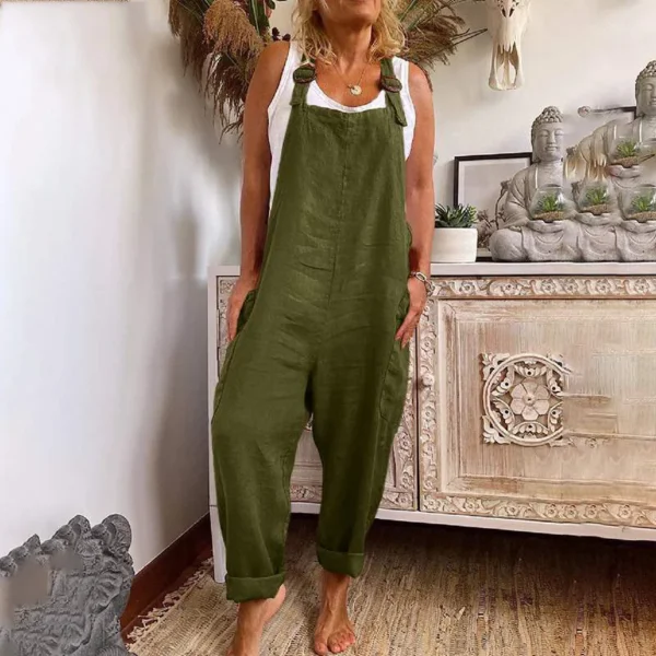 Women Cotton Linen Pocket Jumpsuits Summer Female Sleeveless Wide Leg Loose Overalls JYFS-3255 - Image 2