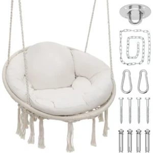 Hanging Hammock Chair with Cozy Full Cushion, Outdside Macrame Swing Chair with 350 Lbs Capacity, Ideal Accent Furniture