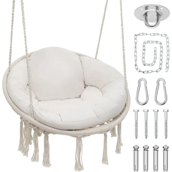 Hanging Hammock Chair with Cozy Full Cushion, Outdside Macrame Swing Chair with 350 Lbs Capacity, Ideal Accent Furniture