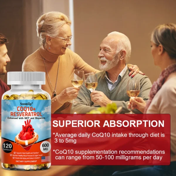 120 CoQ10 + Resveratrol Capsules Supplement to Support Energy, Vitamins, Heart Health and Blood Pressure Levels - Image 3