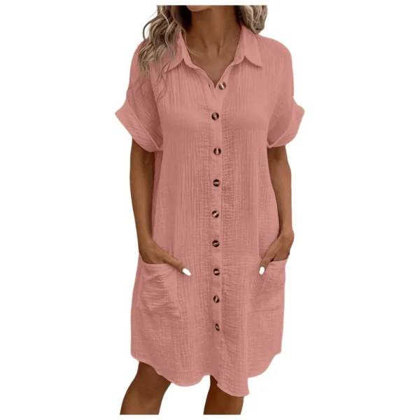 Women'S Fashion Summer Minimalist V-Neck Button Up Dress Woman Cotton Linen White Short Sleeved Pocket Casual Loose Shirt Dress - Image 7