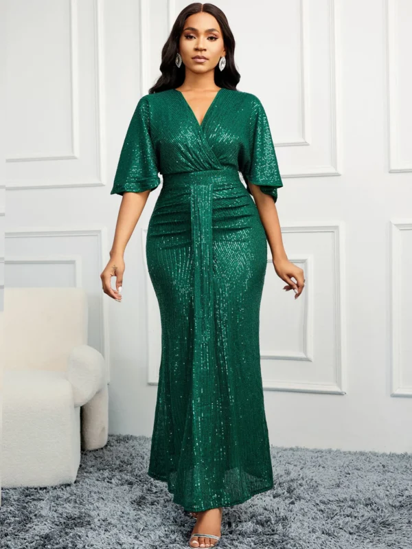 Women Sequin Dress Summer elegant V-Neck Ruffles Short Sleeves Vintage Pencil Pleats Slim Fit Fashion Banquet Cocktail Party - Image 5