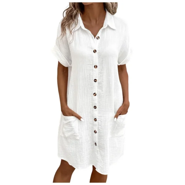 Women'S Fashion Summer Minimalist V-Neck Button Up Dress Woman Cotton Linen White Short Sleeved Pocket Casual Loose Shirt Dress - Image 10