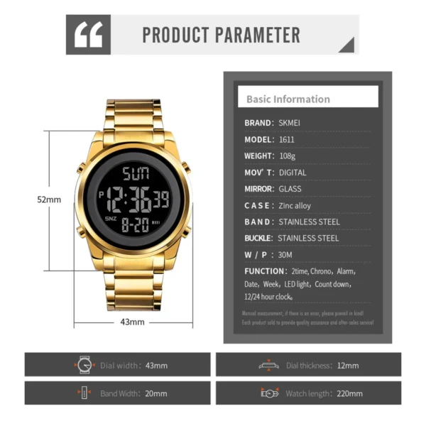 SKMEI 2 Time Digital Watches Fashion Sports Electronic Wristwatches Chrono Count Down Alarm Clock Waterproof Watch For Men Women - Image 6