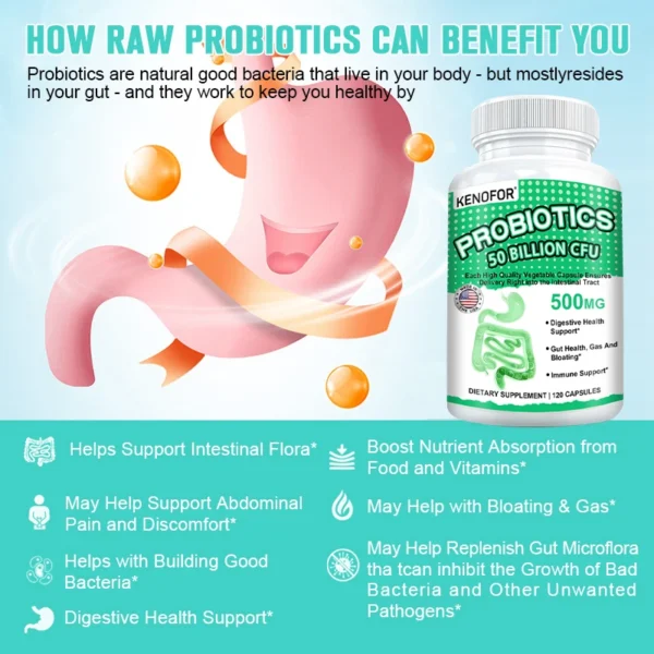 Probiotics 50 Billion CFU Supplement - Supports Digestive Health, Gut Health, Gas & Bloating, 120 Capsules - Image 2