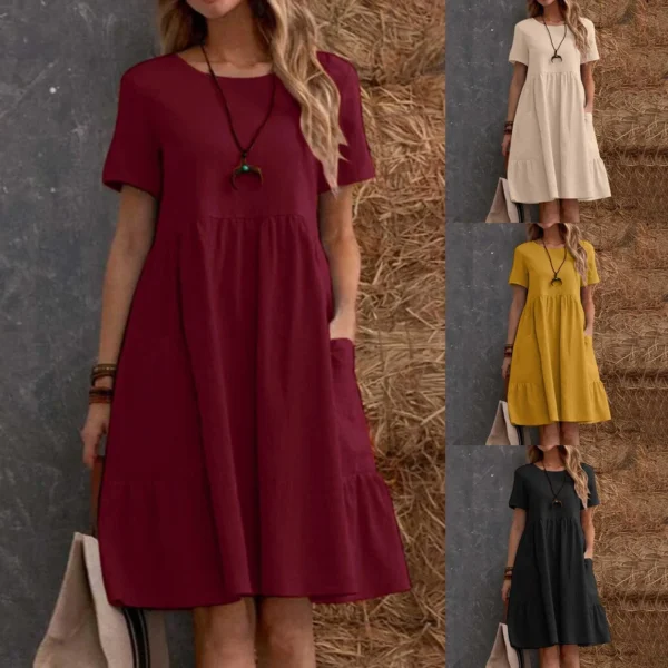 Evening Dresses Outfits Women Fashion Solid Vintage Cotton And Linen Loose Pocket Round Neck Short Sleeve Vestido Mujer Elegante - Image 5
