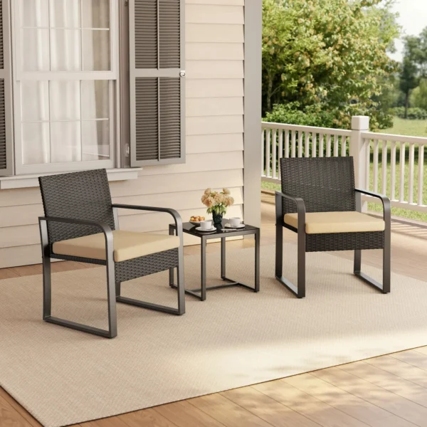3-Piece Patio Chairs Set with Glass Coffee Table, Outdoor Rattan Furniture Set for Garden, Porch, Bistro, Yard, GrayCushion - Image 3