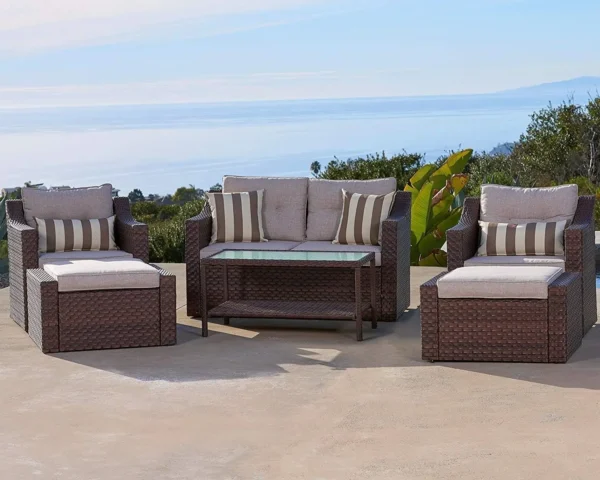 Outdoor Patio Furniture Set 7-Piece Brown Wicker Conversation Furniture Set Patio Lounge Chairs with Ottoman & Loveseat - Image 3