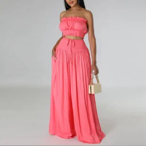 Women'S Solid 2 Piece Outfits Stylish Casual Solid Color Strapless Pantsuit Fashion Top And Pants Two Piece Sets костюм женский