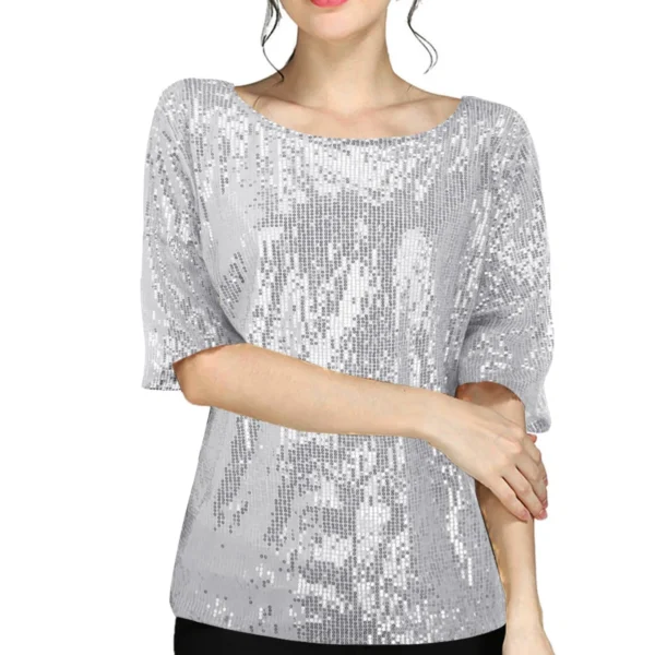 Fashion Women Half Sleeve T-Shirt Glistening Sequin 2025 Spring Autumn Round Neck Loose Shining T Shirt Female Tops T-Shirt - Image 4