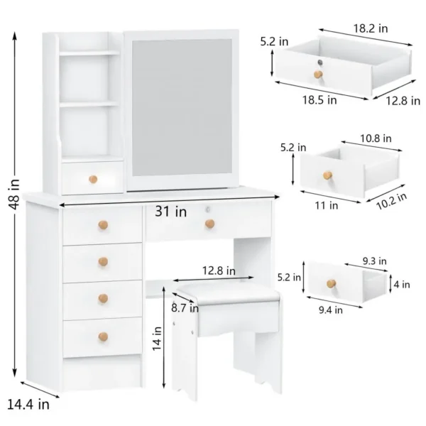 Makeup Vanities Vanity Desk with Sliding Mirror, Bedroom Dressing Table, Makeup Desk with 6 Drawers Bedroom Furniture - Image 6