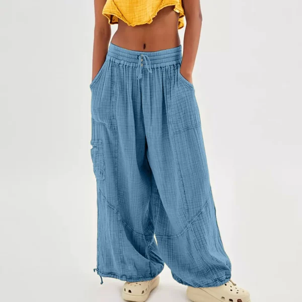 Beach Linen Pants Women Wide Leg Harem Pant High Waist Button Drawstring Palazzo Loose plus Size Pant with Pocket - Image 3