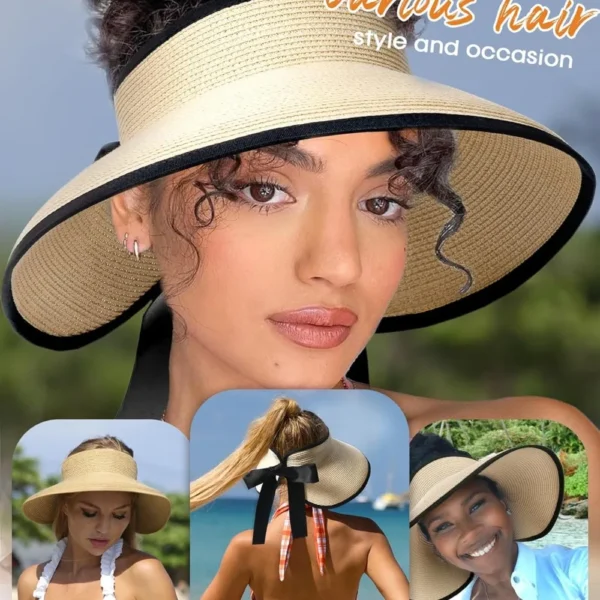 Sun Visors for Women Wide Brim Beach Hat Foldable Straw Visor Hat Ponytail Summer Packable - Image 3