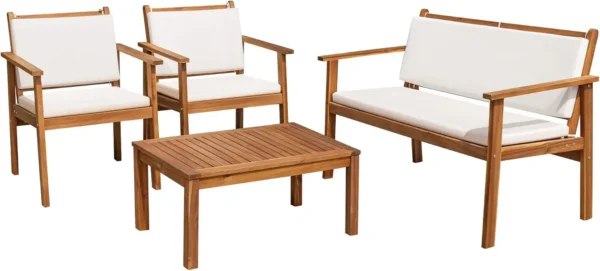 Flamaker Patio Furniture 4 Piece Outdoor Acacia Wood Patio Conversation Sofa Set with Table & Cushions Porch Furniture for Deck,