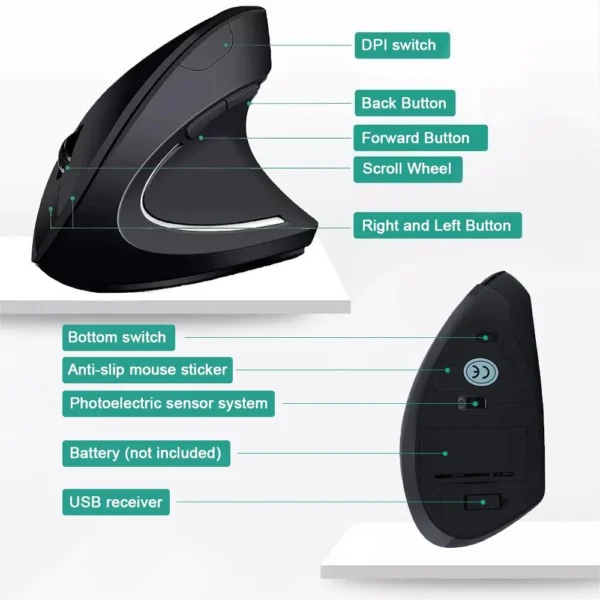 Vertical Mouse Ergonomic 2.4GHz Wireless Optical Mice 3 Adjustable DPI 800/1200/1600 6 Buttons for Laptop PC Computer Desktop - Image 3