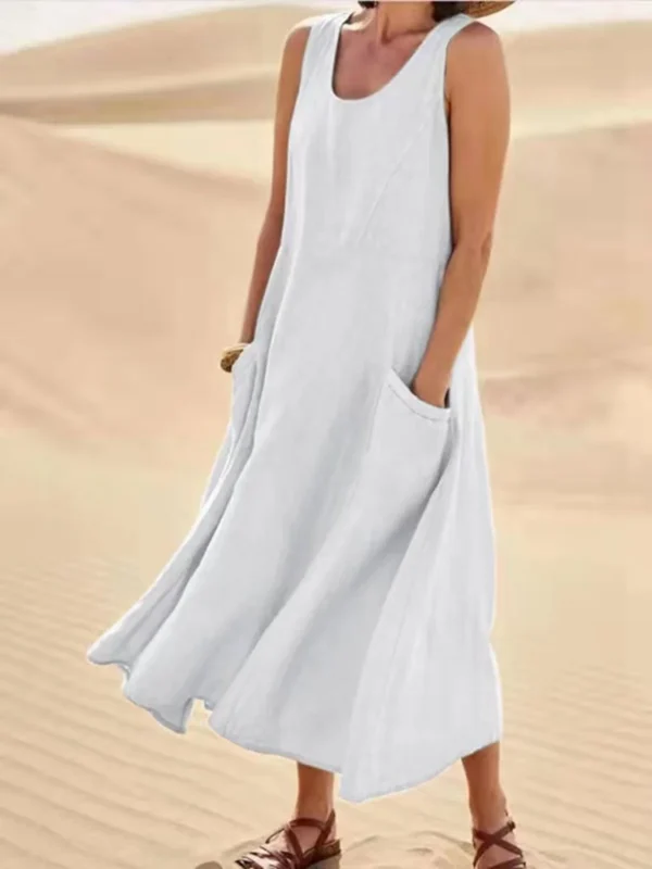 Women Coton Linen Sundress Summer Female Sleeveless Double Big Pocket Loose Sand Beachwear Long Dress Oversized S-5XL LRFZ-818 - Image 13
