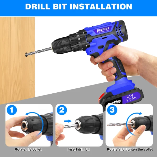 BRIEFNESS 21V Cordless Drill & Electric Screwdriver 45Nm, 2-Speed, LED Light, 26PCS Kit with Li-Ion Battery for Home DIY Blue - Image 3